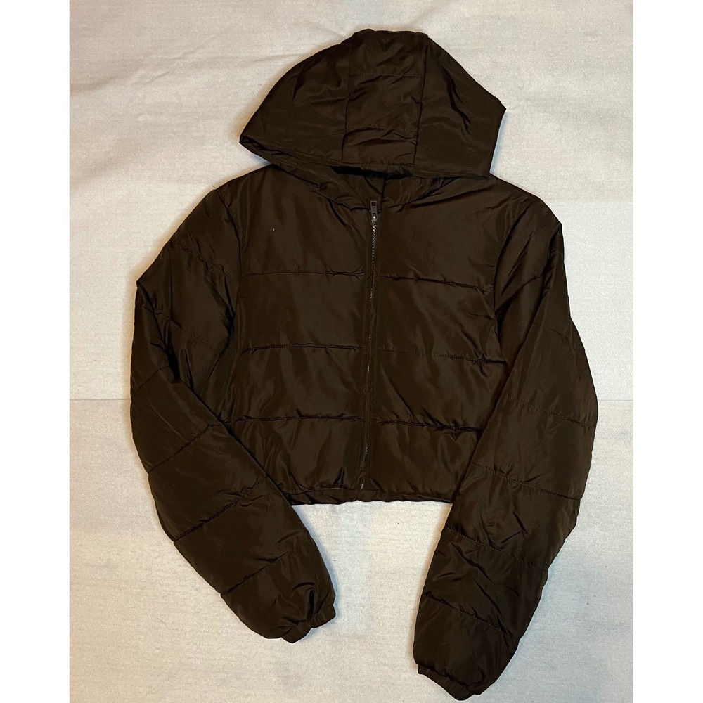 Shein Womens's Brown Cropped Puffer Jacket Hooded Zip Up Small Coat